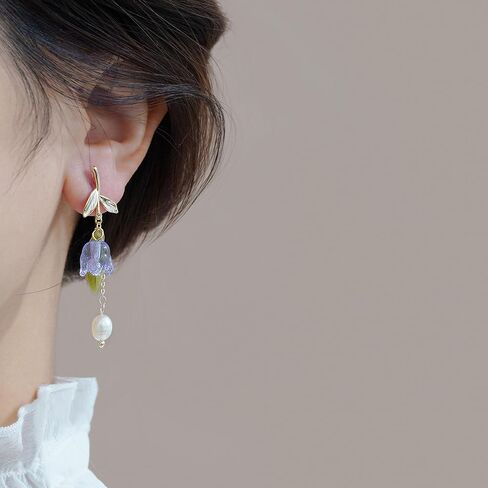 Violet Bell Orchid Pearl Stud Earrings for Women Simple Bell Orchid Flower Tassel Dangle Drop Earrings Wedding Party Daily Jewelry Gifts in Saudi Arabia