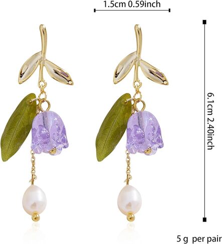 Violet Bell Orchid Pearl Stud Earrings for Women Simple Bell Orchid Flower Tassel Dangle Drop Earrings Wedding Party Daily Jewelry Gifts in Saudi Arabia