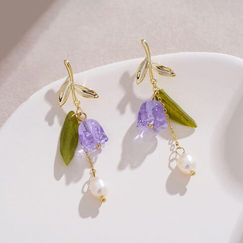 Violet Bell Orchid Pearl Stud Earrings for Women Simple Bell Orchid Flower Tassel Dangle Drop Earrings Wedding Party Daily Jewelry Gifts in Saudi Arabia