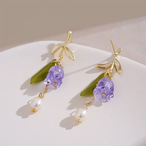 Violet Bell Orchid Pearl Stud Earrings for Women Simple Bell Orchid Flower Tassel Dangle Drop Earrings Wedding Party Daily Jewelry Gifts in Saudi Arabia
