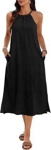 Women's 100% Linen Midi Dress Halter Neck 2026 Dress Sleeveless Flowy Beach Sun Dresses with Pockets in Saudi Arabia