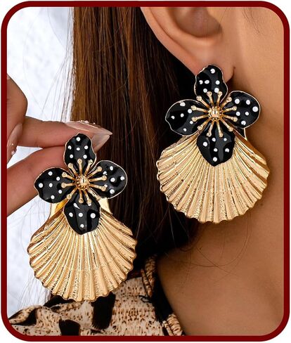 Statement Flower Drop Earrings for Women, Gold Tone Black White Polka Dot Floral Dangle Earrings Vintage Large Cute Bold Fashion Jewelry Gift in Saudi Arabia