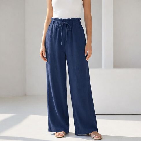 Women's High Waist Drawstring Wide Leg Pants - Loose Casual Trousers with Pockets, Breathable for Summer in Kuwait