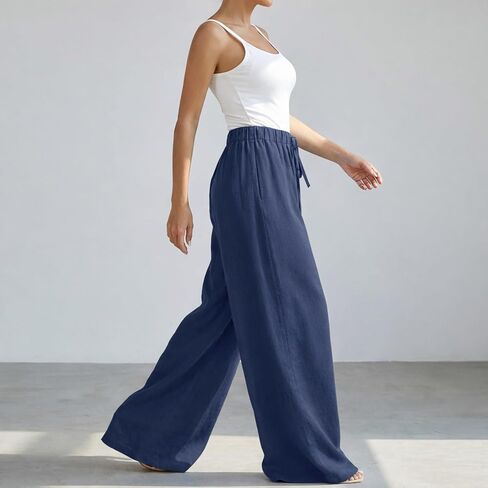 Women's High Waist Drawstring Wide Leg Pants - Loose Casual Trousers with Pockets, Breathable for Summer in Kuwait