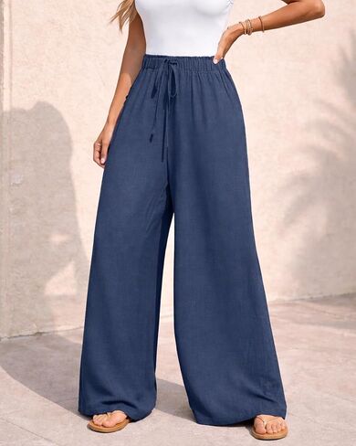 Women's High Waist Drawstring Wide Leg Pants - Loose Casual Trousers with Pockets, Breathable for Summer in Kuwait