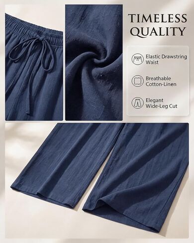 Women's High Waist Drawstring Wide Leg Pants - Loose Casual Trousers with Pockets, Breathable for Summer in Kuwait