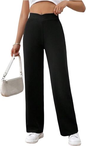 SweatyRocks Women's V Crossover Elastic High Waisted Pants Straight Leg Casual Trousers in Kuwait