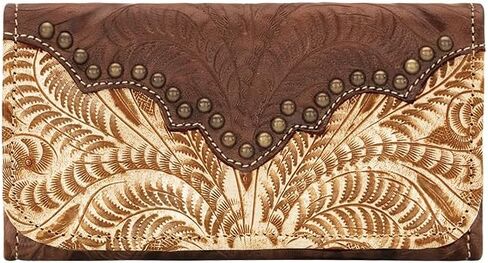 American West Hand Tooled Handcrafted 100% Genuine Leather Tri-Fold Wallet for Women Credit Card Slots Cash Pocket and Clear ID Holder Western (Distressed Cream) in Saudi Arabia