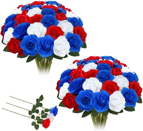 50 Pcs Red White and Blue Flowers Artificial Roses Bulk Patriotic Flowers 4th of July Fake Silk Roses with Long Stems for Table Centerpieces Memorial Day Party Home Outdoor Decor in Saudi Arabia