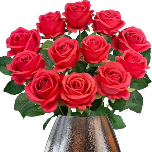 12PCS Fake Red Roses Artificial Red Flowers Bulk, Silk Faux Roses with Stems for Wedding Centerpieces Bridal Bouquets Home Decor Party Floral Arrangements in Saudi Arabia
