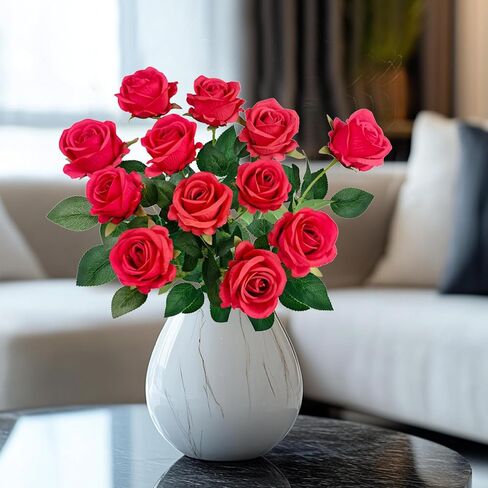 12PCS Fake Red Roses Artificial Red Flowers Bulk, Silk Faux Roses with Stems for Wedding Centerpieces Bridal Bouquets Home Decor Party Floral Arrangements in Saudi Arabia