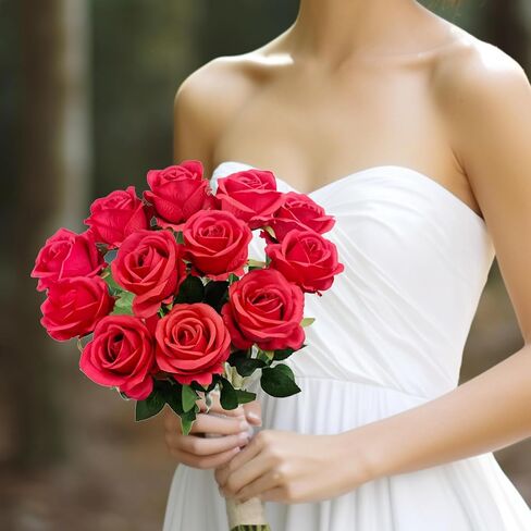 12PCS Fake Red Roses Artificial Red Flowers Bulk, Silk Faux Roses with Stems for Wedding Centerpieces Bridal Bouquets Home Decor Party Floral Arrangements in Saudi Arabia