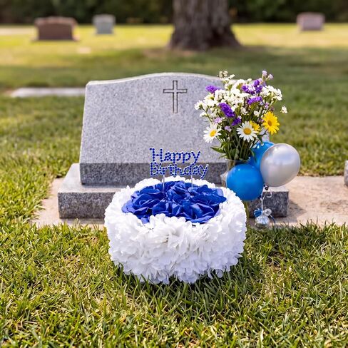 Memorial Birthday Grave Decorations Cemetery Fake Cake with Flower and Sticks Happy Heavenly Birthday Decorations for Gravesite Headstones Memorial Gift 8.27x 5.12 Inches(Blue) in Saudi Arabia