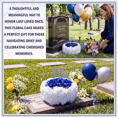 Memorial Birthday Grave Decorations Cemetery Fake Cake with Flower and Sticks Happy Heavenly Birthday Decorations for Gravesite Headstones Memorial Gift 8.27x 5.12 Inches(Blue) in Saudi Arabia