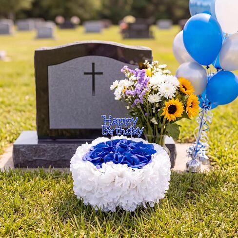 Memorial Birthday Grave Decorations Cemetery Fake Cake with Flower and Sticks Happy Heavenly Birthday Decorations for Gravesite Headstones Memorial Gift 8.27x 5.12 Inches(Blue) in Saudi Arabia
