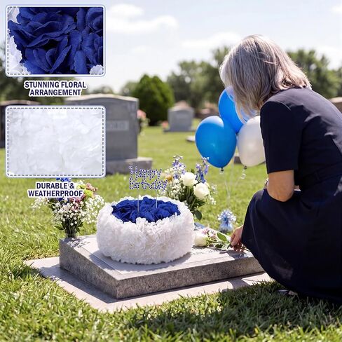 Memorial Birthday Grave Decorations Cemetery Fake Cake with Flower and Sticks Happy Heavenly Birthday Decorations for Gravesite Headstones Memorial Gift 8.27x 5.12 Inches(Blue) in Saudi Arabia