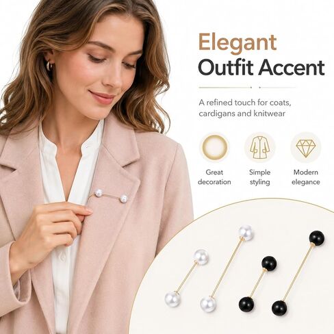 JJUNW 4 Pcs Double Faux Pearl Brooch Pins, Safety Brooch Clasp Pin, Sweater Shawl Clip Clasp Black White for Women Shirts Blouse Cinch Dresses Cardigan Collar Pants Costume Accessory in Kuwait