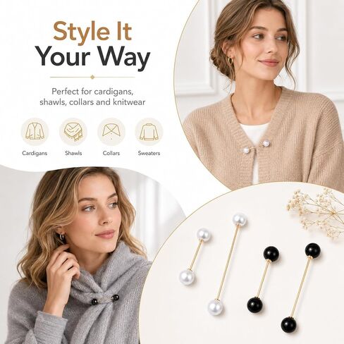 JJUNW 4 Pcs Double Faux Pearl Brooch Pins, Safety Brooch Clasp Pin, Sweater Shawl Clip Clasp Black White for Women Shirts Blouse Cinch Dresses Cardigan Collar Pants Costume Accessory in Kuwait