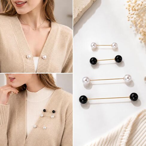 JJUNW 4 Pcs Double Faux Pearl Brooch Pins, Safety Brooch Clasp Pin, Sweater Shawl Clip Clasp Black White for Women Shirts Blouse Cinch Dresses Cardigan Collar Pants Costume Accessory in Kuwait