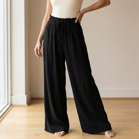 Women's High Waist Drawstring Wide Leg Pants - Loose Casual Trousers with Pockets, Breathable for Summer in Kuwait
