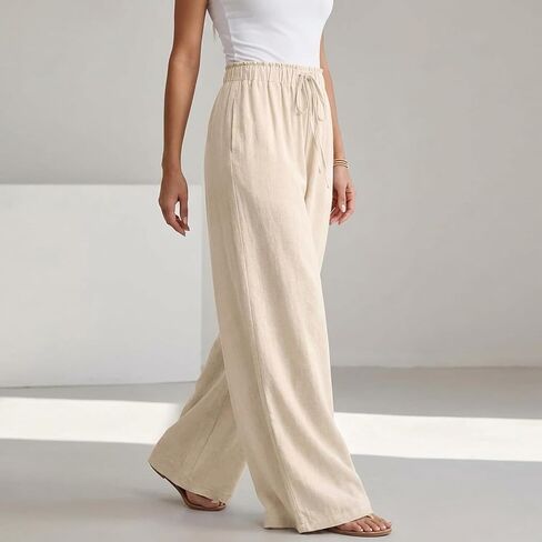 Women's High Waist Drawstring Wide Leg Pants - Loose Casual Trousers with Pockets, Breathable for Summer in Kuwait