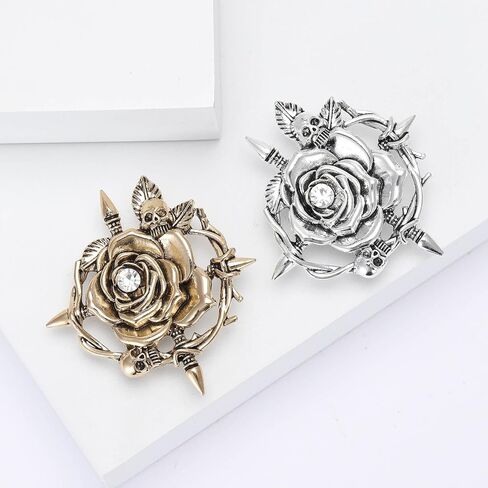 2Pcs Gothic Rose and Skull Brooch, Vintage Antique Rhinestones Thorn Wreath Lapel Pins for Backpack Hat Bag Jacket Coat, Statement Fashion Jewelry Gift for Men and Women in Kuwait