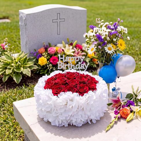 Memorial Birthday Grave Decorations Cemetery Fake Cake with Flower and Sticks Happy Heavenly Birthday Decorations for Gravesite Headstones Memorial Gift 8.27x 5.12 Inches(Blue) in Saudi Arabia