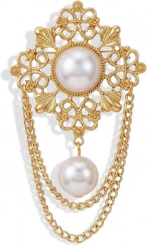 Vintage Pearl Brooches for Women, Gold Filigree Flower Chain Tassel Lapel Pins, Dainty Boho Baroque Dress Suit Accessories for Party Banquet Daily Wear Gift in Saudi Arabia