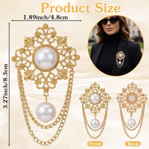 Vintage Pearl Brooches for Women, Gold Filigree Flower Chain Tassel Lapel Pins, Dainty Boho Baroque Dress Suit Accessories for Party Banquet Daily Wear Gift in Saudi Arabia