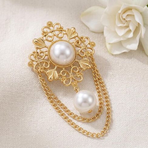 Vintage Pearl Brooches for Women, Gold Filigree Flower Chain Tassel Lapel Pins, Dainty Boho Baroque Dress Suit Accessories for Party Banquet Daily Wear Gift in Saudi Arabia
