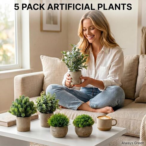 5 Pack Small Fake Potted Plants with Cement Pots - Realistic Faux Greenery Set, No Watering Low Maintenance, UV Resistant Artificial Plants for Shelf Office Bathroom Desk Decor, Indoor & Outdoor in Saudi Arabia