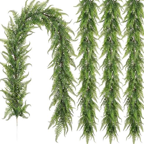 Yinder 4 Pack 6ft Artificial Greenery Garland Hanging Boston Fern Garlands Lifelike Leaf Green Fake Vines for Spring Summer Indoor Wall Mantel Home Decoration Wedding Arch Party Decor in Kuwait