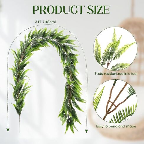 Yinder 4 Pack 6ft Artificial Greenery Garland Hanging Boston Fern Garlands Lifelike Leaf Green Fake Vines for Spring Summer Indoor Wall Mantel Home Decoration Wedding Arch Party Decor in Kuwait