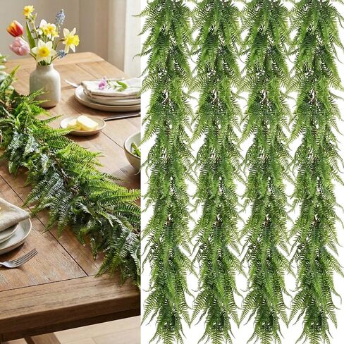 Yinder 4 Pack 6ft Artificial Greenery Garland Hanging Boston Fern Garlands Lifelike Leaf Green Fake Vines for Spring Summer Indoor Wall Mantel Home Decoration Wedding Arch Party Decor in Kuwait