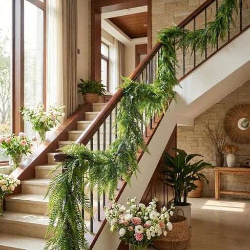 Yinder 4 Pack 6ft Artificial Greenery Garland Hanging Boston Fern Garlands Lifelike Leaf Green Fake Vines for Spring Summer Indoor Wall Mantel Home Decoration Wedding Arch Party Decor in Kuwait