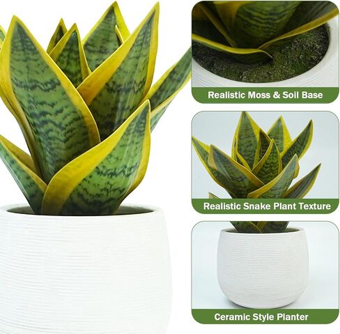 8" Fake Snake Plant & Faux Agave in White Ceramic Pot | Pet-Friendly Low-Light Sansevieria Greenery, Real Touch Small Fake Plant for Home Office Desk, Bookshelf, Bathroom Decor in Kuwait
