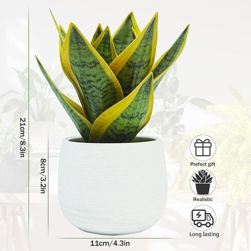 8" Fake Snake Plant & Faux Agave in White Ceramic Pot | Pet-Friendly Low-Light Sansevieria Greenery, Real Touch Small Fake Plant for Home Office Desk, Bookshelf, Bathroom Decor in Kuwait