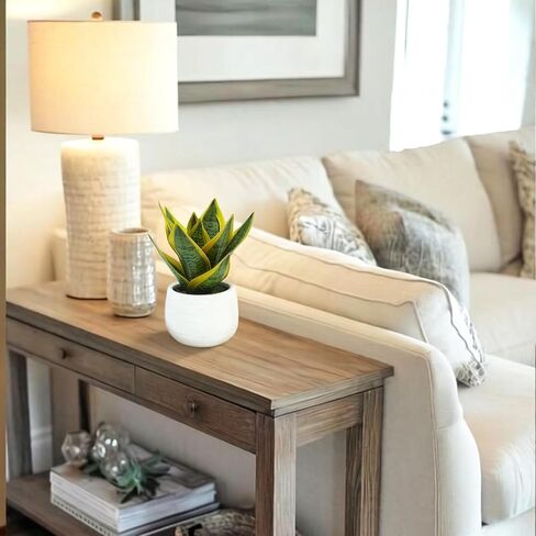 8" Fake Snake Plant & Faux Agave in White Ceramic Pot | Pet-Friendly Low-Light Sansevieria Greenery, Real Touch Small Fake Plant for Home Office Desk, Bookshelf, Bathroom Decor in Kuwait