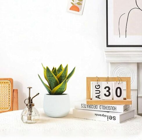 8" Fake Snake Plant & Faux Agave in White Ceramic Pot | Pet-Friendly Low-Light Sansevieria Greenery, Real Touch Small Fake Plant for Home Office Desk, Bookshelf, Bathroom Decor in Kuwait
