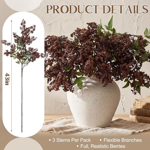 Dingion 3 Pcs 43 Inch Dark Brown Berry Stem for Vase Fall Artificial Faux Sedum Berry Stem Autumn Realistic Flowers Pick Spray Floral Branch for DIY Wedding Bouquet Mantel Holiday Harvest Home Decor in Kuwait
