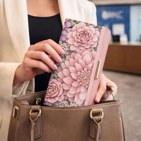 Checkbook Cover for Personal Checkbook with Pen Holder Imitation Leather Register Duplicate Checks Wallet Holder for Women Slim Design Unfolds for Home Office Finance (Flowers) in Saudi Arabia