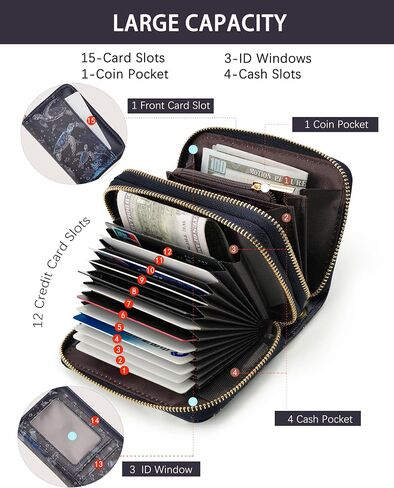 حامل بطاقات الائتمان للنساء، محفظة بطاقات حجب RFID، محفظة صغيرة بسحاب أكورديون من الجلد النباتي مع معصم (سلحفاة بحرية) in Kuwait