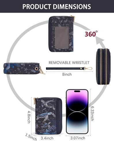 حامل بطاقات الائتمان للنساء، محفظة بطاقات حجب RFID، محفظة صغيرة بسحاب أكورديون من الجلد النباتي مع معصم (سلحفاة بحرية) in Kuwait