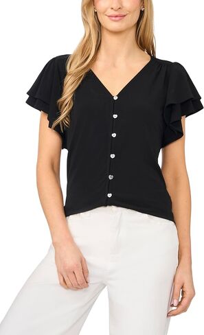 CeCe V-Neck Button Front Flutter Sleeve Top in Kuwait