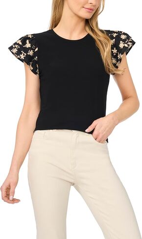 CeCe Women's Double Ruffle Short Sleeve Crew Neck Knit Top in Kuwait