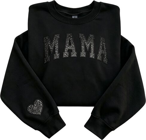 Embroidered Glitter Mama Sweatshirt With Heart On Sleeve, Women's Black Oversized Pullover For Mom Mothers Day in Saudi Arabia