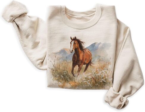 سويت شيرت عتيق من نوع Wild Chestnut Horse Wilderness Scene - هدية لمحبي الفروسية في فترة التسعينات - بلوفر طبيعي على شكل زهرة برية جبلية ذات مناظر طبيعية - سترة خريفية مريحة - رسومات للجنسين بياقة دائرية بيج in Kuwait