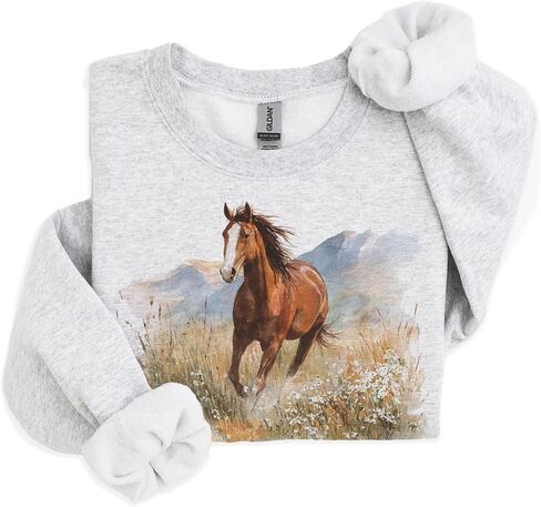 سويت شيرت عتيق من نوع Wild Chestnut Horse Wilderness Scene - هدية لمحبي الفروسية في فترة التسعينات - بلوفر طبيعي على شكل زهرة برية جبلية ذات مناظر طبيعية - سترة خريفية مريحة - رسومات للجنسين بياقة دائرية بيج in Kuwait