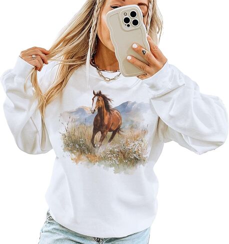 سويت شيرت عتيق من نوع Wild Chestnut Horse Wilderness Scene - هدية لمحبي الفروسية في فترة التسعينات - بلوفر طبيعي على شكل زهرة برية جبلية ذات مناظر طبيعية - سترة خريفية مريحة - رسومات للجنسين بياقة دائرية بيج in Kuwait
