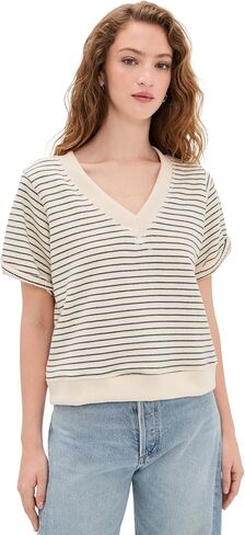 perfectwhitetee Women's French Terry Stripe V-Neck Short Sleeve Sweatshirt in Saudi Arabia